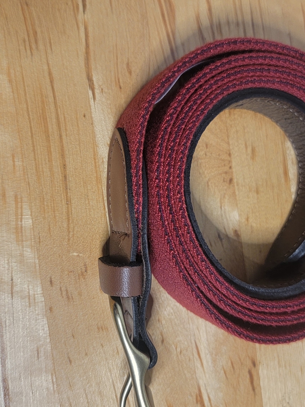 Lands End Vintage Size 46 Belt Red Brown Leather Canvas Brass Buckle